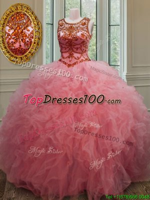 Perfect Pink Ball Gowns Tulle Scoop Sleeveless Beading and Ruffles Floor Length Lace Up Quinceanera Dress