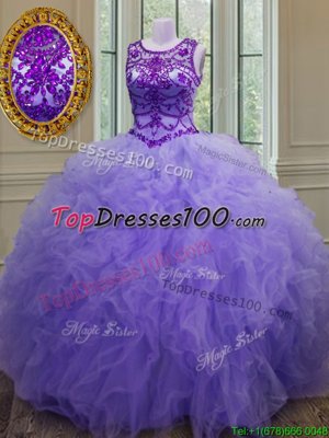 Stylish Lavender Ball Gowns Tulle Bateau Sleeveless Beading and Ruffles Floor Length Lace Up Quinceanera Dresses