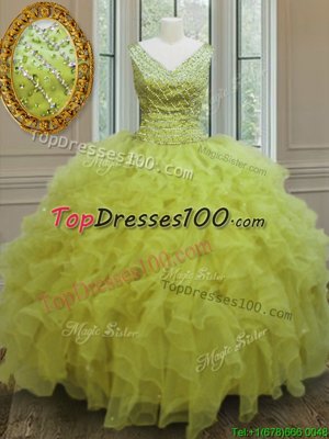 Floor Length Yellow Green 15 Quinceanera Dress V-neck Sleeveless Zipper