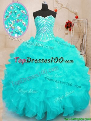Sequins Aqua Blue Sleeveless Organza Lace Up Vestidos de Quinceanera for Military Ball and Sweet 16 and Quinceanera and Beach