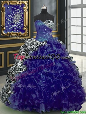 Great Blue Organza and Printed Lace Up Sweetheart Sleeveless With Train Sweet 16 Dress Beading and Ruffles and Pattern