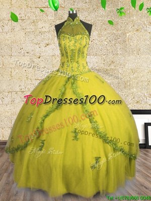 Latest Yellow Ball Gowns Tulle Halter Top Sleeveless Beading Floor Length Lace Up Sweet 16 Dress