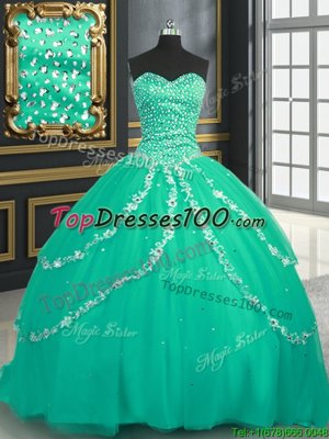 Customized Brush Train Ball Gowns Ball Gown Prom Dress Turquoise Sweetheart Tulle Sleeveless With Train Lace Up