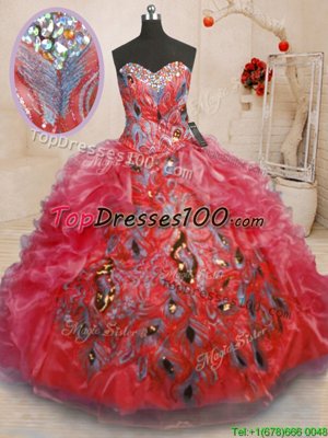 Best Red Zipper Sweetheart Beading and Appliques and Ruffles Quinceanera Gown Organza Sleeveless