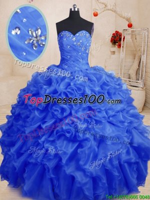Floor Length Royal Blue Vestidos de Quinceanera Organza Sleeveless Beading and Ruffles