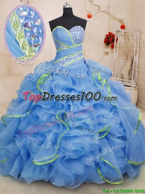 Blue Sleeveless With Train Beading and Ruffles Lace Up Quinceanera Gowns