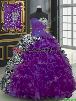 Printed With Train Purple 15th Birthday Dress Sweetheart Sleeveless Brush Train Lace Up