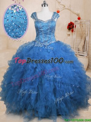 Cap Sleeves Floor Length Beading and Ruffles and Sequins Lace Up Sweet 16 Dress with Teal