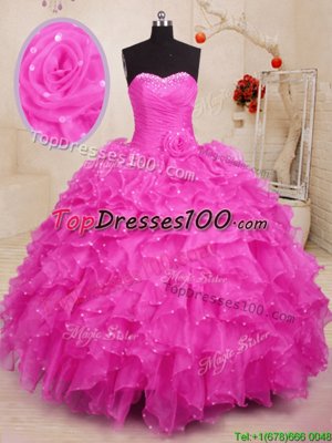 Hot Pink Ball Gowns Organza Sweetheart Sleeveless Beading and Ruffles and Hand Made Flower Floor Length Lace Up Quinceanera Dresses