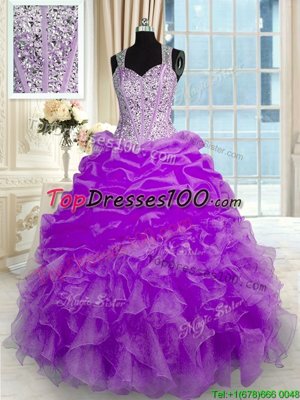 Ball Gowns Sweet 16 Dresses Lilac Straps Organza Sleeveless Floor Length Zipper
