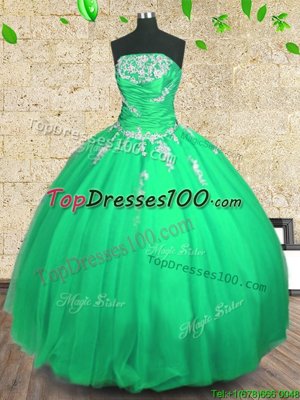 New Arrival Green Ball Gowns Strapless Sleeveless Tulle Floor Length Lace Up Embroidery and Ruching Quinceanera Dresses
