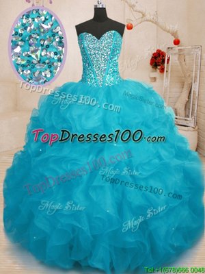 Low Price Sleeveless Floor Length Beading Lace Up Quinceanera Dresses with Aqua Blue