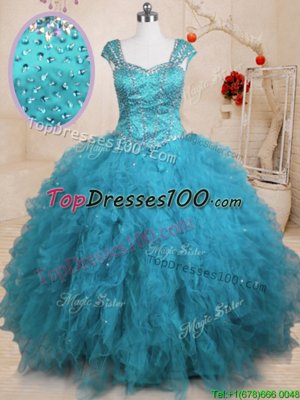 Enchanting Ball Gowns 15th Birthday Dress Baby Blue Square Tulle Cap Sleeves Floor Length Lace Up