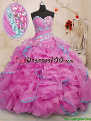 With Train Rose Pink Quince Ball Gowns Organza Brush Train Sleeveless Beading and Ruffles