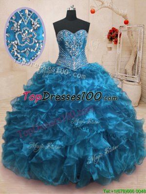 Artistic Sweep Train Ball Gowns Sweet 16 Quinceanera Dress Blue Sweetheart Organza Sleeveless With Train Lace Up