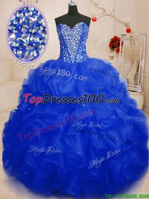 Deluxe Beading and Ruffles Ball Gown Prom Dress Royal Blue Lace Up Sleeveless Floor Length