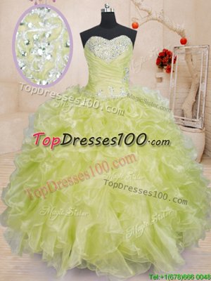 Sleeveless Organza Floor Length Lace Up Sweet 16 Dresses in Yellow Green for with Beading and Ruffles