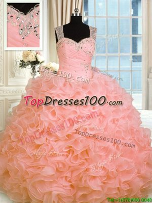 Watermelon Red Straps Zipper Beading and Ruffles 15th Birthday Dress Sleeveless