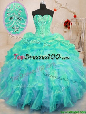 Organza Sweetheart Sleeveless Lace Up Beading and Ruffles Vestidos de Quinceanera in Turquoise