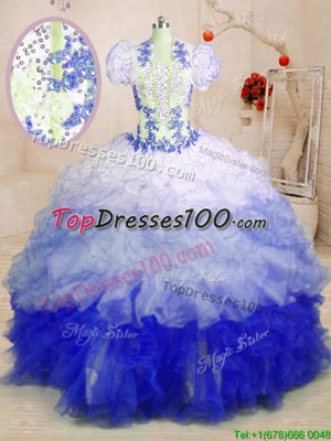 Dramatic Multi-color Ball Gowns Beading and Appliques and Ruffles Sweet 16 Quinceanera Dress Lace Up Organza Sleeveless With Train