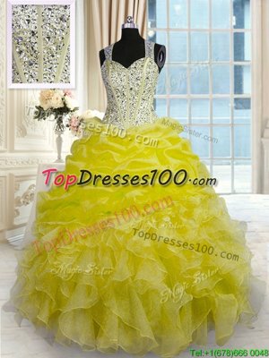Beading and Ruffles 15 Quinceanera Dress Yellow Zipper Sleeveless Floor Length