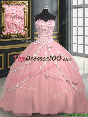 Colorful Tulle Sleeveless With Train Ball Gown Prom Dress Brush Train and Beading and Appliques