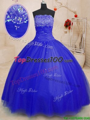 Fashion Floor Length Lace Up Vestidos de Quinceanera Royal Blue and In for Military Ball and Sweet 16 and Quinceanera with Beading