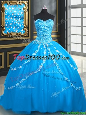 Smart Sleeveless Brush Train Beading and Appliques Lace Up Quince Ball Gowns