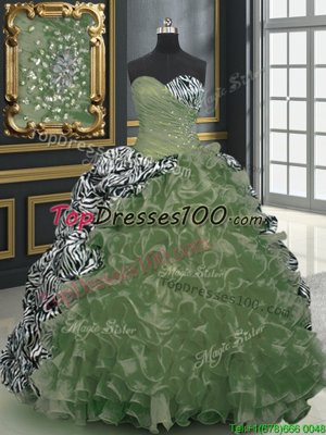 Printed Olive Green Quinceanera Gown Military Ball and Sweet 16 and Quinceanera and For with Beading and Ruffles and Pattern Sweetheart Sleeveless Brush Train Lace Up
