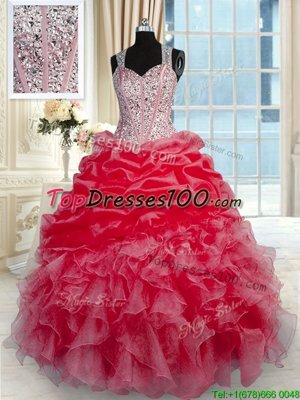 Sleeveless Floor Length Beading and Ruffles Zipper Quinceanera Gown with Red