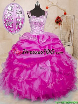 Stylish Pick Ups Floor Length Fuchsia Quinceanera Gowns Straps Sleeveless Lace Up