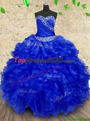 New Style Royal Blue Organza Lace Up Sweetheart Sleeveless Floor Length Sweet 16 Quinceanera Dress Beading and Ruffles and Ruching