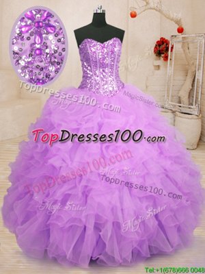 Lavender Tulle Lace Up Quinceanera Gown Sleeveless With Brush Train Beading and Appliques