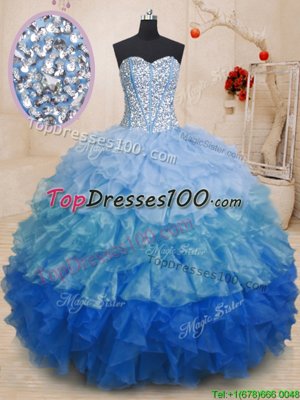 Sleeveless Organza Floor Length Lace Up 15th Birthday Dress in Multi-color for with Beading and Ruffles