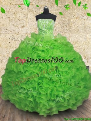 Organza Strapless Sleeveless Lace Up Beading and Ruffles Ball Gown Prom Dress in