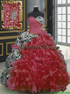 Suitable Organza and Printed Sweetheart Sleeveless Brush Train Lace Up Beading and Ruffles and Pattern Sweet 16 Dresses in Wine Red