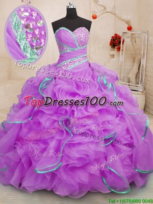 Cute Lilac Ball Gowns Sweetheart Sleeveless Organza With Brush Train Lace Up Beading and Ruffles Ball Gown Prom Dress