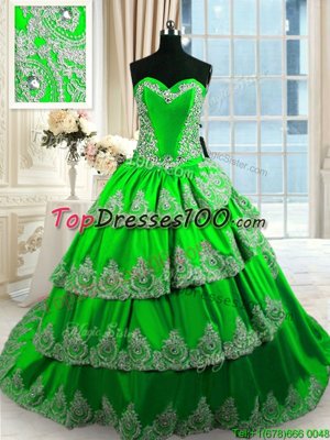 Amazing Taffeta Lace Up Ball Gown Prom Dress Sleeveless With Train Court Train Beading and Appliques and Ruffled Layers