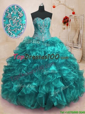 Graceful Organza Sweetheart Sleeveless Sweep Train Lace Up Beading and Ruffles Ball Gown Prom Dress in Teal