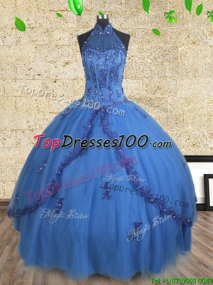 Halter Top Sleeveless 15 Quinceanera Dress Floor Length Beading Blue Tulle