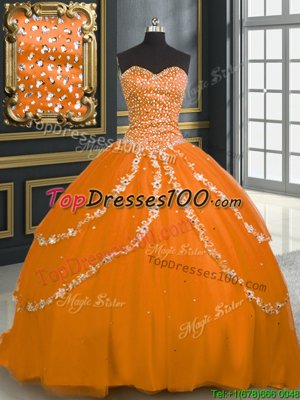 With Train Lace Up Vestidos de Quinceanera Orange and In for Military Ball and Sweet 16 and Quinceanera with Beading and Appliques Brush Train