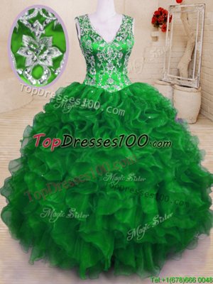 Decent V-neck Sleeveless Zipper Ball Gown Prom Dress Green Organza