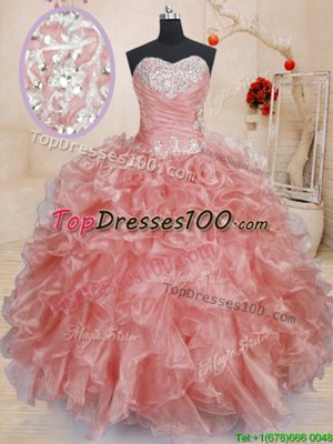 Sleeveless Floor Length Beading and Ruffles Lace Up Quince Ball Gowns with Watermelon Red
