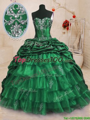 Organza and Taffeta Sleeveless With Train Quince Ball Gowns Sweep Train and Beading and Appliques and Ruffled Layers and Pick Ups