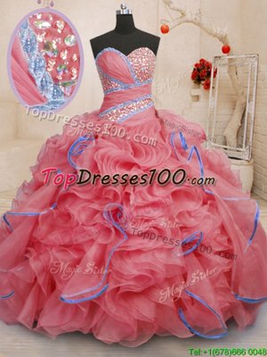 With Train Lace Up Quinceanera Dress Coral Red and In for Military Ball and Sweet 16 and Quinceanera with Beading and Ruffles Brush Train