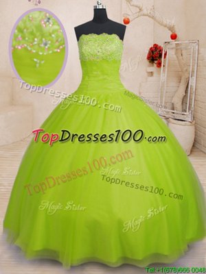 New Arrival Sleeveless Tulle Floor Length Lace Up Quinceanera Gown in Yellow Green for with Beading