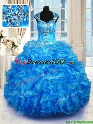 Baby Blue Lace Up Ball Gown Prom Dress Beading and Appliques and Embroidery Sleeveless Floor Length