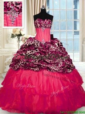 Decent Strapless Sleeveless Sweet 16 Dresses Sweep Train Beading and Ruffled Layers Red Organza and Printed