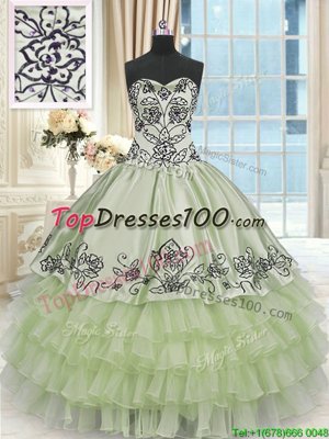 New Arrival Beading and Embroidery and Ruffled Layers Quinceanera Dresses Yellow Green Lace Up Sleeveless Floor Length