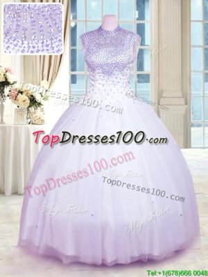 Floor Length Lavender Sweet 16 Dress Tulle Sleeveless Beading